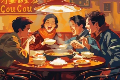 河南開(kāi)封一間餐廳里，一群朋友在深夜品嘗美食