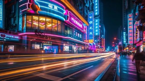 城市夜色燈光璀璨，車水馬龍的街頭景色