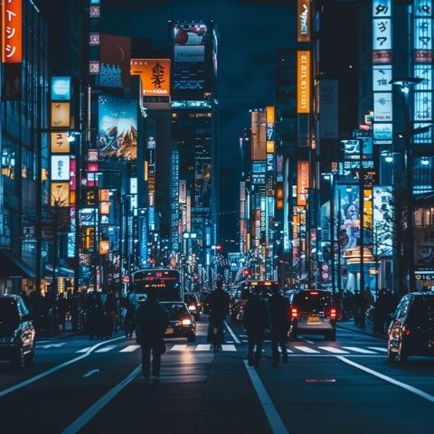 城市夜色燈光璀璨，車水馬龍的街頭景色