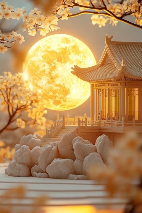 中秋夜，月亮像明珠一樣閃耀照亮了整個世界。