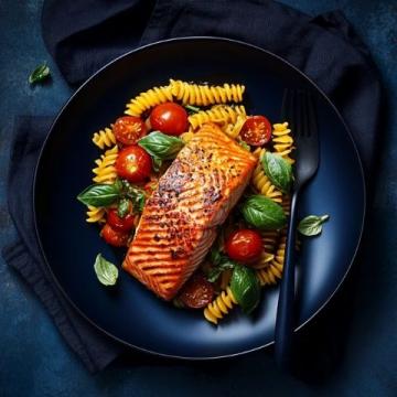 陽光下的四道美味佳肴：香煎三文魚、蒜香橄欖油意面、烤蔬菜沙拉與芒果椰奶布丁的制作分享