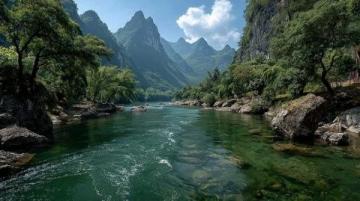 小東江，宛如一幅流動的畫卷，鑲嵌在湘南山脈之間,江水清澈見底，兩岸青山如黛