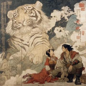清朝姚墅鄉(xiāng)民在山上突遇老虎，虎一個(gè)劍步撲倒了他，利爪抓傷臉頰血流不止
